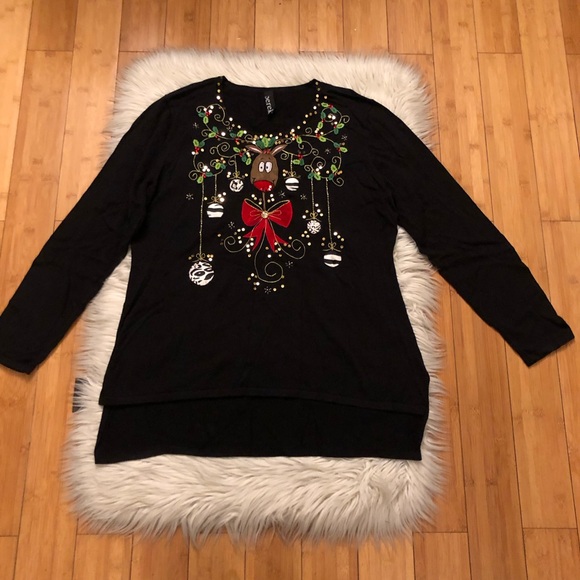 Berek Christmas Rudolph Beaded Sequins Embroidery Holidays Black Knit Sweater XL - Picture 1 of 12